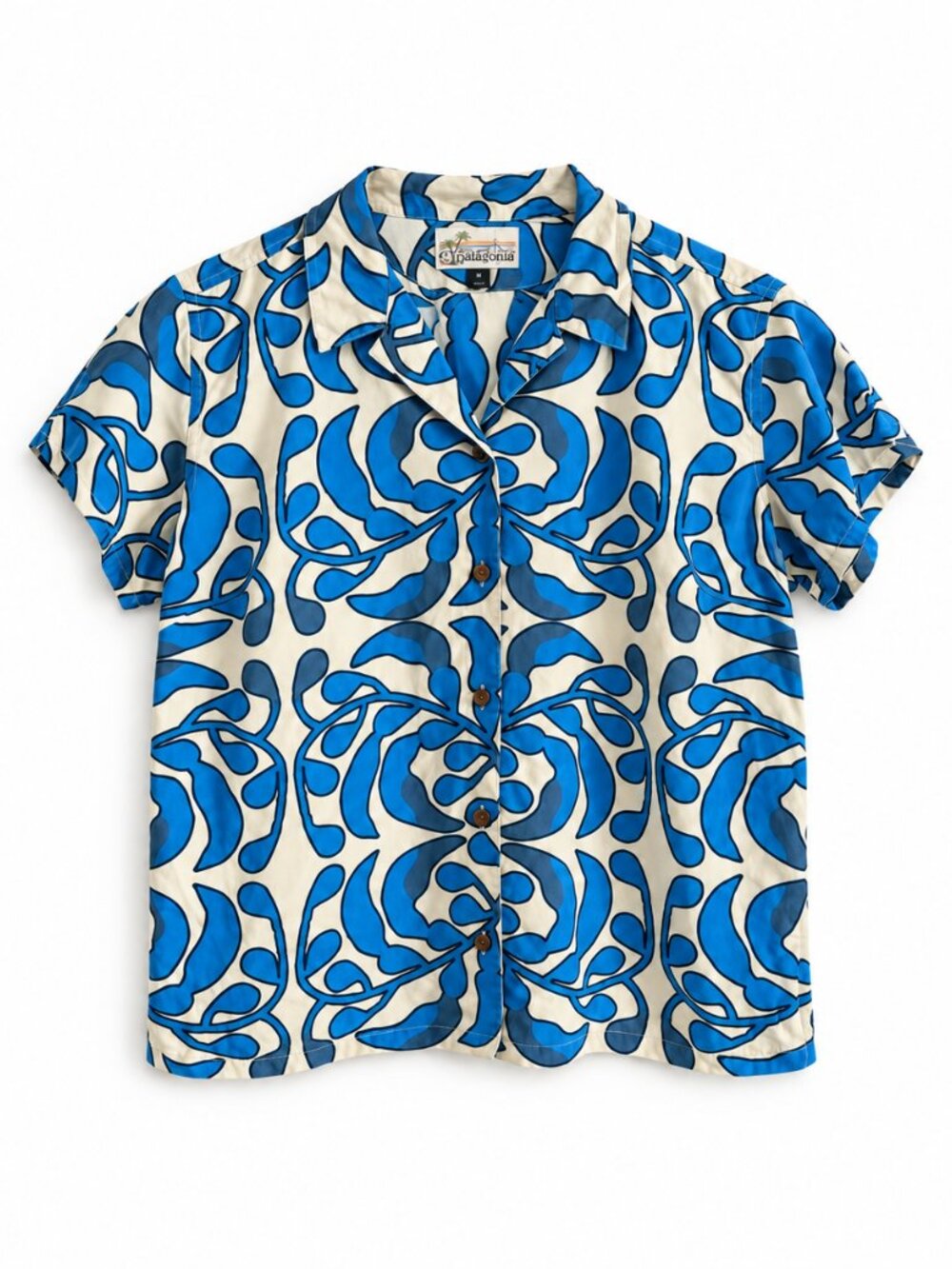 Patagonia Women's Blue Cream Abstract Floral Tencel Short Sleeve Button Up Shirt